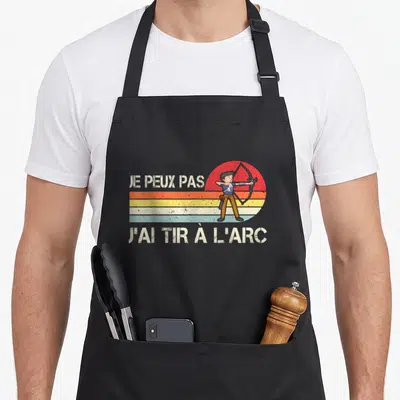 Tablier de cuisine noir avec illustration d'archer et texte je peux pas j'ai tir à l'arc style vintage.