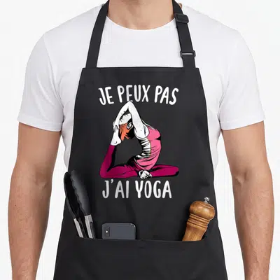 Tablier de cuisine noir avec femme en yoga rose et texte je peux pas j'ai yoga