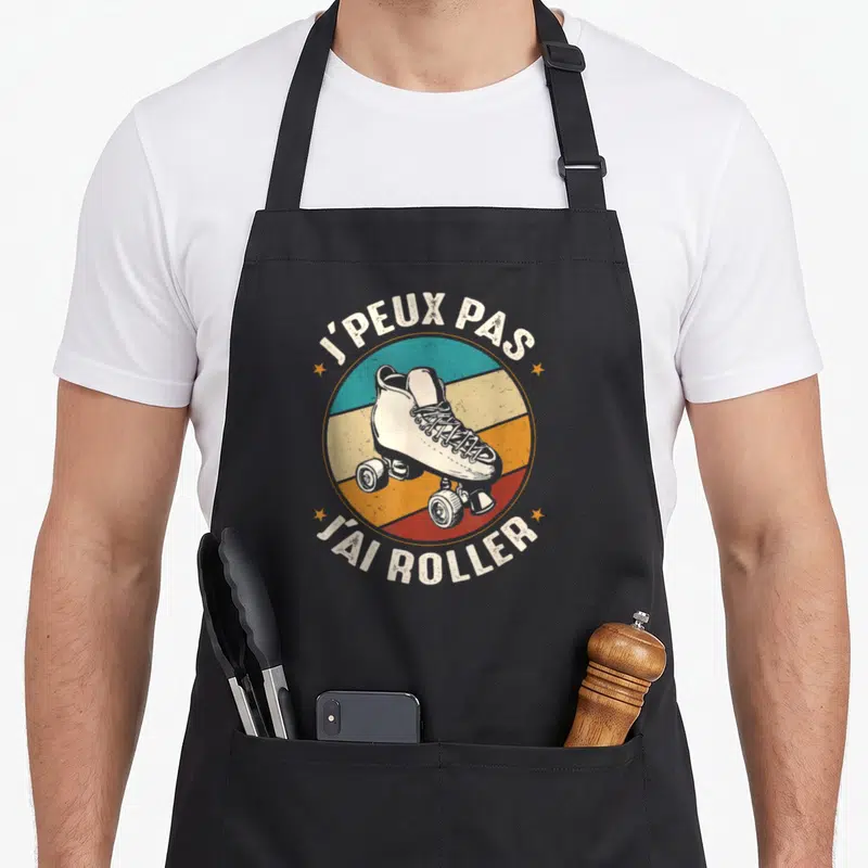 Tablier de cuisine noir avec motif patin à roulettes vintage et texte j'ai roller