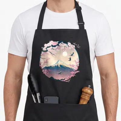 Tablier de cuisine noir avec illustration circulaire du Mont Fuji sous des branches de sakura et des grues en vol.