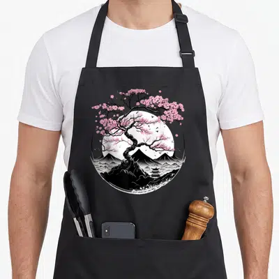 Tablier de cuisine noir avec illustration circulaire d'un Mont Fuji, d'un sakura rose et d'une pagode japonaise.