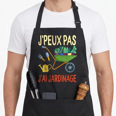 Tablier de cuisine noir avec un chariot vert, des outils de jardinage et le texte J'peux pas j'ai jardinage imprimé en lettres capitales.