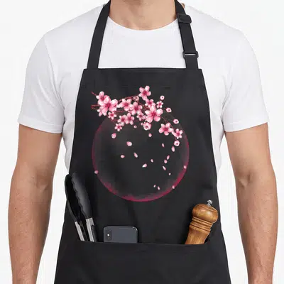Tablier de cuisine noir avec branche de fleurs de cerisier roses et pétales tombants sur fond circulaire dégradé.