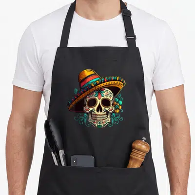 Tablier de cuisine noir avec illustration de crâne sugar skull portant un sombrero mexicain aux couleurs vives et entouré de fleurs stylisées.