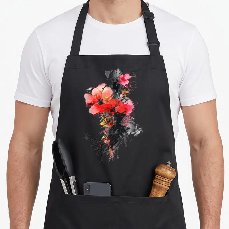 Tablier de cuisine noir avec une fleur abstraite rose et rouge sur fond noir graphiste.