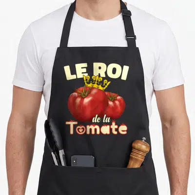 Tablier de cuisine noir avec une illustration de deux tomates rouges coiffées d'une couronne dorée et le texte Le Roi de la Tomate.