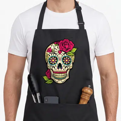 Tablier de cuisine noir avec une tête de mort décorée de roses roses et de motifs floraux colorés.