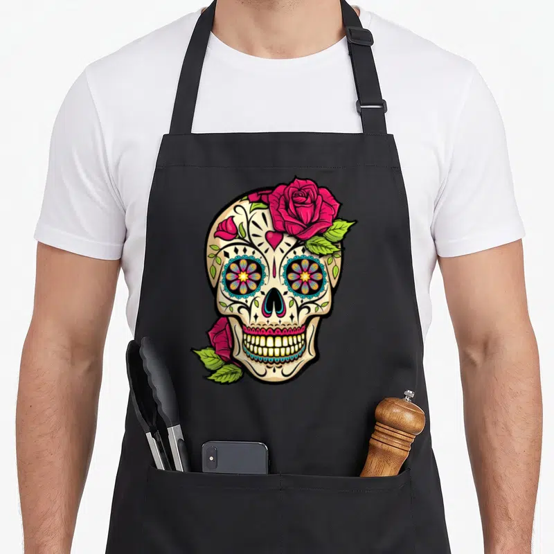 Tablier de cuisine noir avec une tête de mort décorée de roses roses et de motifs floraux colorés.