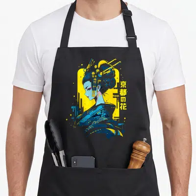 Tablier de cuisine noir avec illustration de geisha style cyberpunk et texte japonais en jaune et bleu.