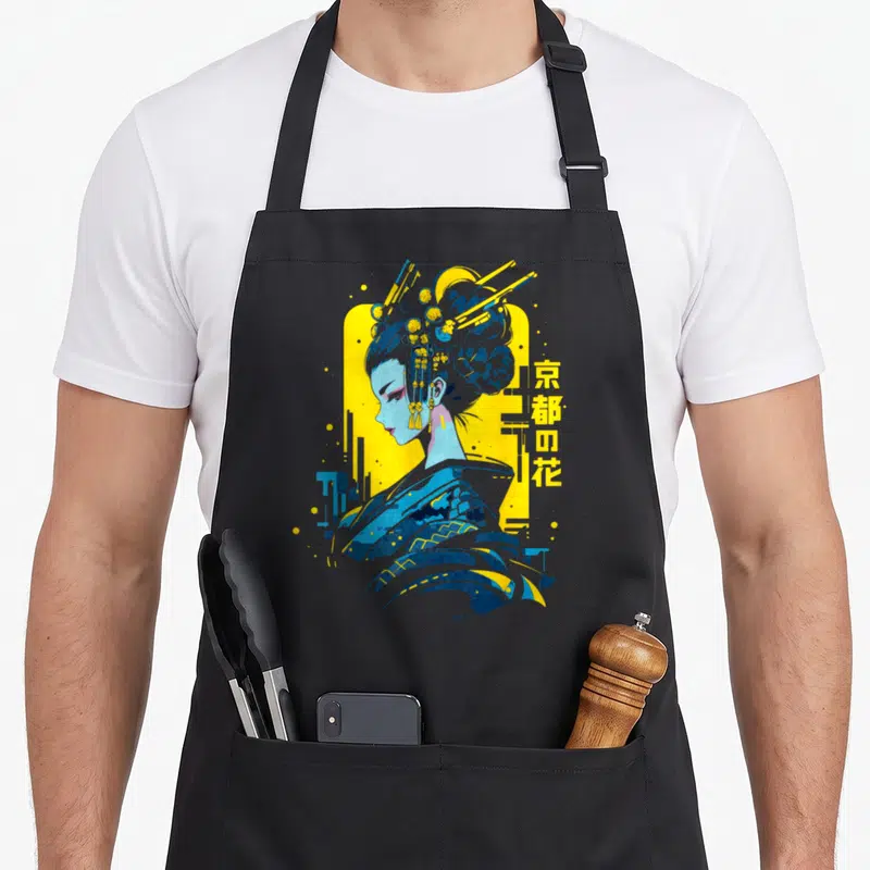 Tablier de cuisine noir avec illustration de geisha style cyberpunk et texte japonais en jaune et bleu.
