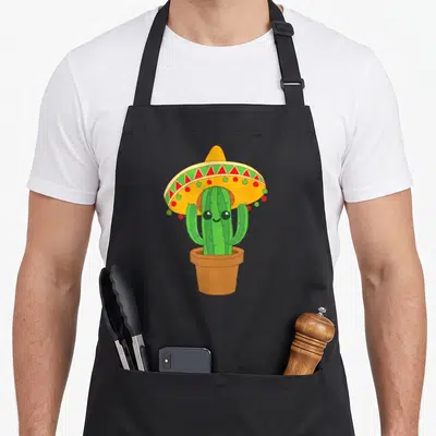 Tablier de cuisine noir avec un cactus vert mignon coiffé d'un grand sombrero jaune et vert dans un pot en terre cuite.