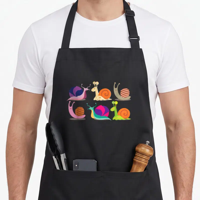Tablier de cuisine noir avec six escargots stylisés aux couleurs vives et coquilles variées.