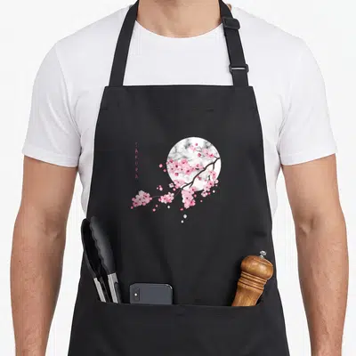 Tablier de cuisine noir avec une branche de fleurs Sakura rose sur un cercle marbré blanc et des caractères japonais à gauche.