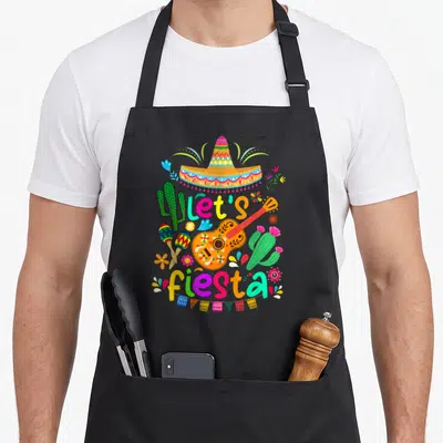 Tablier de cuisine noir avec illustration colorée de cactus, sombrero et Let's Fiesta Party mexicain.
