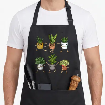 Tablier de cuisine noir avec six plantes potières animées aux visages souriants et pots de couleurs vives disposées en deux rangées.