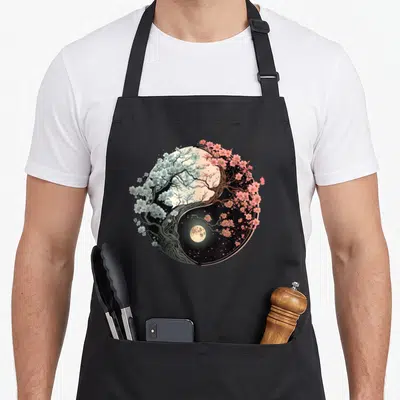 Tablier de cuisine noir avec un Taijitu Yin Yang intégrant des arbres aux fleurs blanches et roses ainsi qu'une lune pleine au centre.