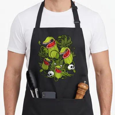 Tablier de cuisine noir avec illustration de plantes carnivores Sarracenia et squelettes blancs.