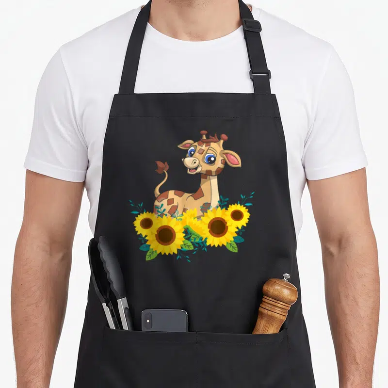 Tablier de cuisine noir avec une girafe mignonne assise au milieu de trois tournesols jaunes et de feuilles vertes stylisées.