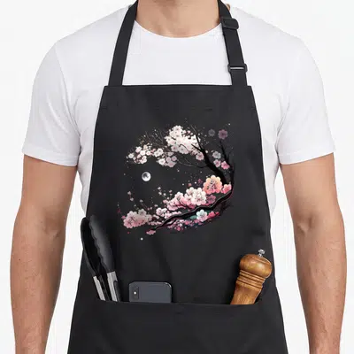 Tablier de cuisine noir avec illustration circulaire de branches de sakura, fleurs roses et lune sur fond sombre.