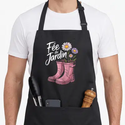 Tablier de cuisine noir avec illustration de bottes roses et fleurs blanches et violettes sortant des sabots.
