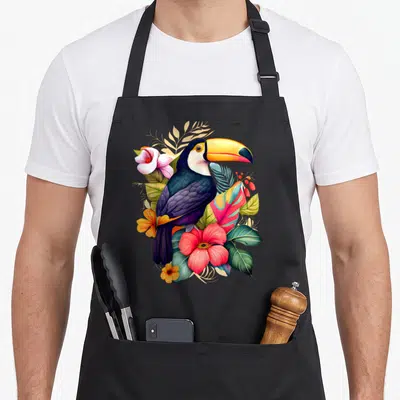 Tablier de cuisine noir avec illustration colorée d'un toucan au bec jaune entouré de fleurs d'hibiscus et de feuilles tropicales multicolores.