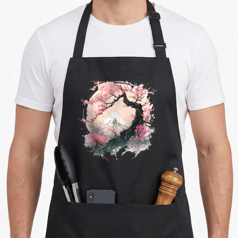 Tablier de cuisine noir avec illustration d'un Mont Fuji sous un cerisier en fleurs roses et branches noires.