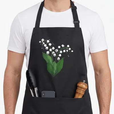Tablier de cuisine noir avec illustration aquarelle de muguet fleurs blanches et feuilles vertes stylisées.