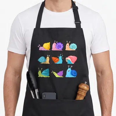 Tablier de cuisine noir avec neuf escargots mignons aux coques multicolores et corps pastel disposés en grille.