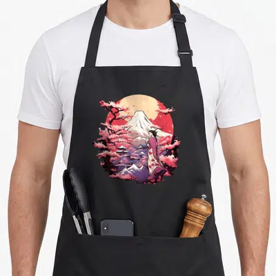 Tablier de cuisine noir avec une geisha, le Mont Fuji et des fleurs de sakura roses.