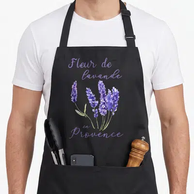Tablier de cuisine noir avec illustration aquarelle de lavande et texte Fleur de lavande en Provence