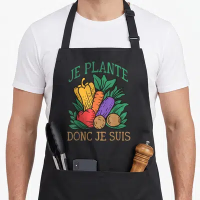 Tablier de cuisine noir avec illustration de légumes et texte Je plante donc je suis en typographie colorée.