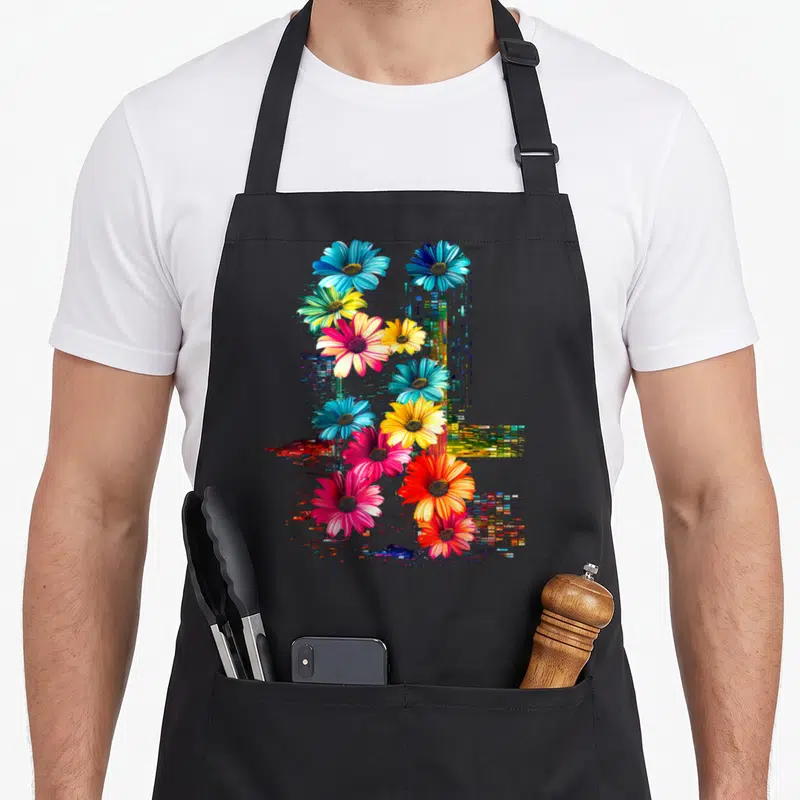 Tablier de cuisine noir avec fleurs colorées illustration nature art graphique numérique