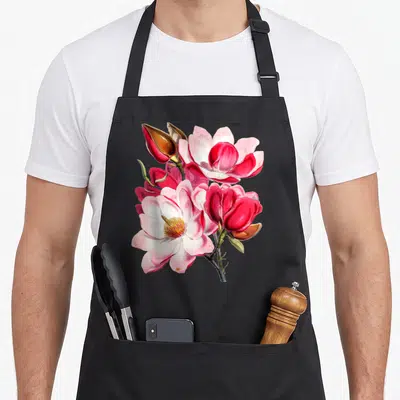 Tablier de cuisine noir avec illustration florale de magnolias roses et boutons detailles style vintage.