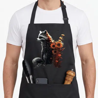 Tablier de cuisine noir avec illustration d'un raton laveur aux côtés de tournesols oranges et de feuillage sombre.