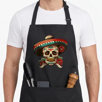 Tablier de cuisine noir avec un crâne sucré portant un sombrero mexicain et des roses rouges.