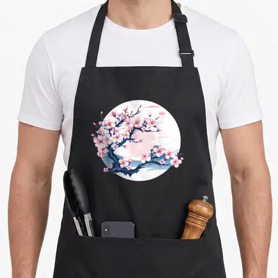 Tablier de cuisine noir avec illustration circulaire de fleur de Sakura rose sur branches bleues et fond de soleil pastel.