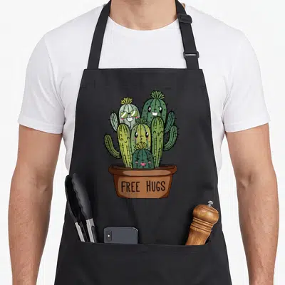 Tablier de cuisine noir avec illustration de cactées souriantes dans un pot portant l'inscription Free Hugs.