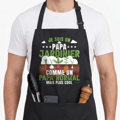 Tablier de cuisine noir avec inscription Je Suis Un Papa Jardinier Illustration de carottes et patates en terre