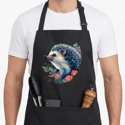 Tablier de cuisine noir avec illustration d'un hérisson aux piquants bleus et blancs, entouré de fleurs roses et de feuilles vertes.
