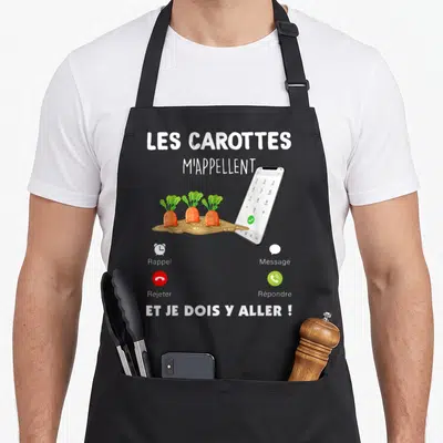 Tablier de cuisine noir avec illustration de trois carottes sortant de la terre devant un smartphone affichant une interface d'appel.