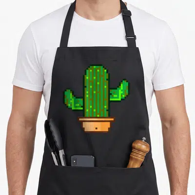 Tablier de cuisine noir avec illustration pixel art d'un cactus vert dans un pot orange style 8 bits.