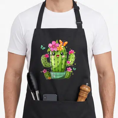 Tablier de cuisine noir avec illustration d'un cactus vert souriant portant des fleurs roses et orange entouré de papillons colorés.