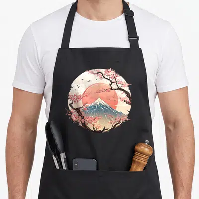Tablier de cuisine noir avec illustration circulaire du Mont Fuji entouré de fleurs de cerisier roses et d'oiseaux noirs en vol.