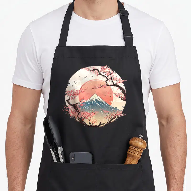 Tablier de cuisine noir avec illustration circulaire du Mont Fuji entouré de fleurs de cerisier roses et d'oiseaux noirs en vol.