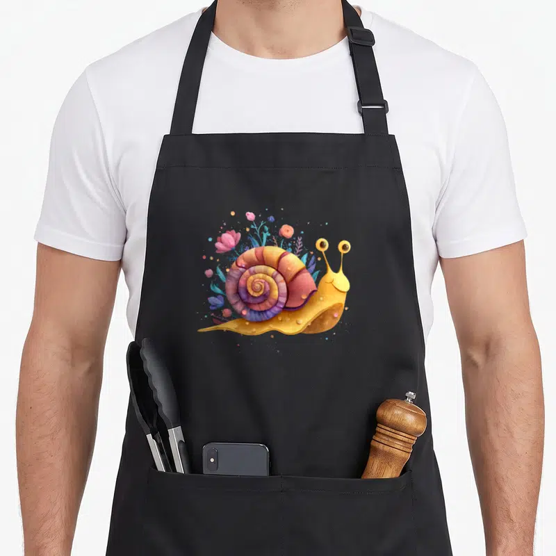 Tablier de cuisine noir avec illustration d'escargot jaune et coquille multicolore entourée de fleurs stylisées.