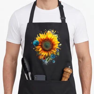 Tablier de cuisine noir avec un grand tournesol jaune entouré de planètes colorées et de taches artistiques.