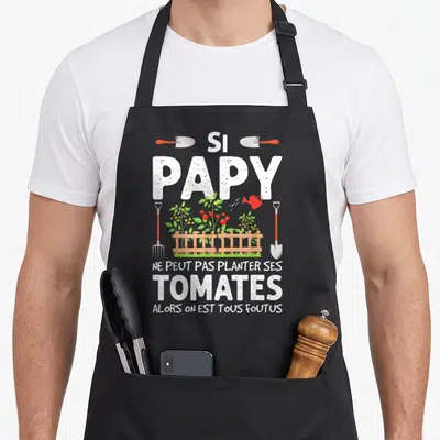 Tablier de cuisine noir avec inscription Si Papy ne peut planter ses tomates et illustrations d'outils de jardinage