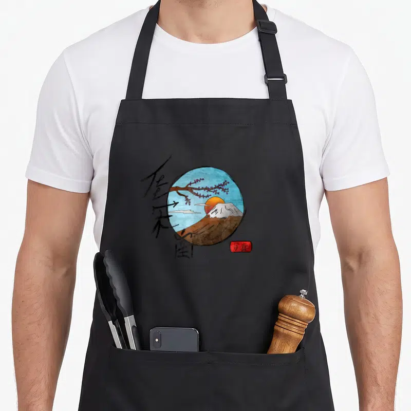 Tablier de cuisine noir avec illustration circulaire du mont Fuji, fleurs de cerisier et symboles kanji sur fond bleu ciel.