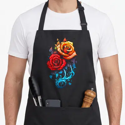 Tablier de cuisine noir avec une rose rouge et orange en art abstrait coloré sur fond bleu stylisé.