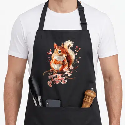 Tablier de cuisine noir avec illustration d'un écureuil roux sur une branche de fleurs de cerisiers roses en aquarelle.